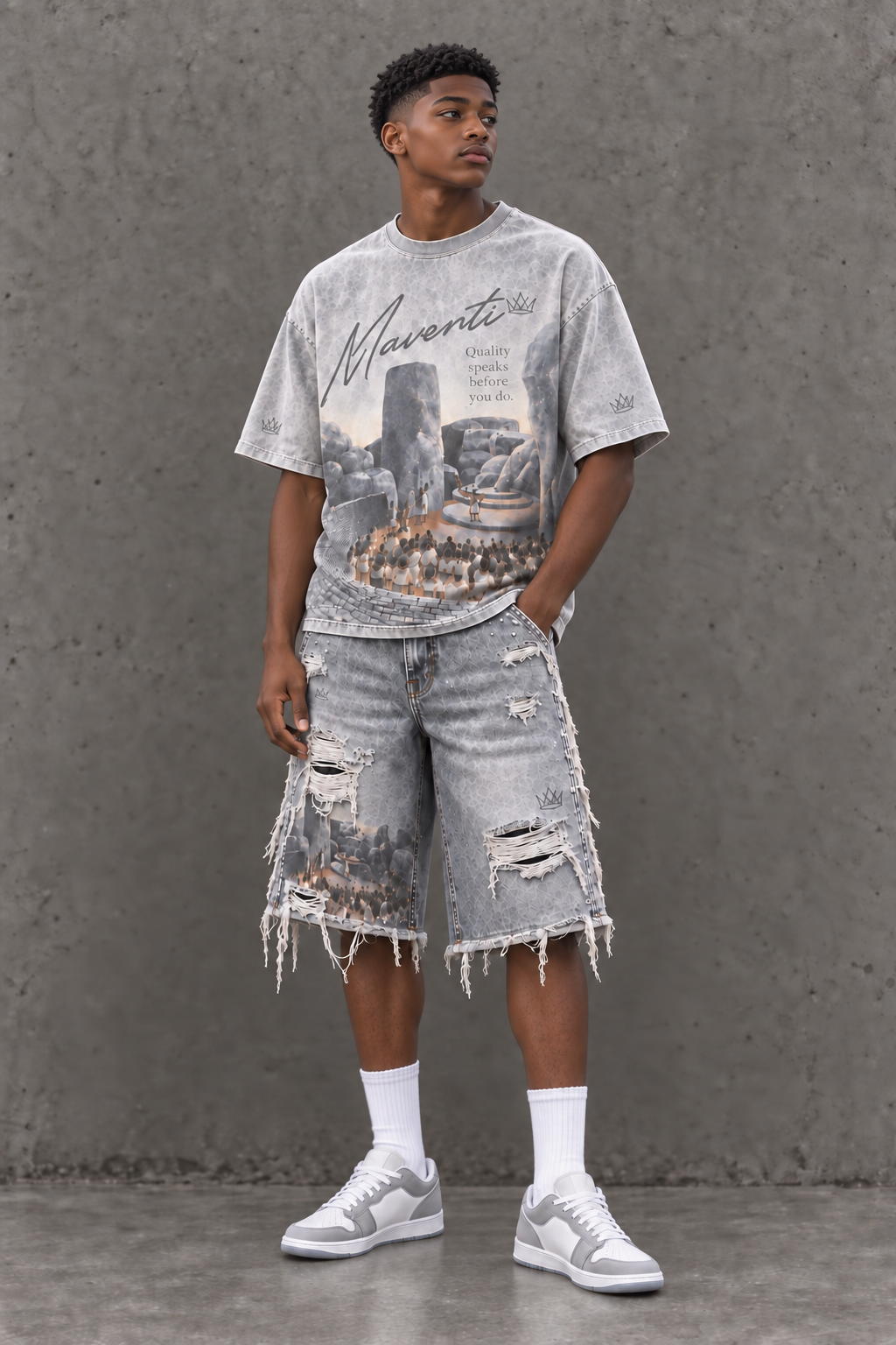 Ruins - Great Zimbabwe: washed-grey Maventi graphic tee and distressed denim shorts, modeled with a neutral expression and plain white socks.