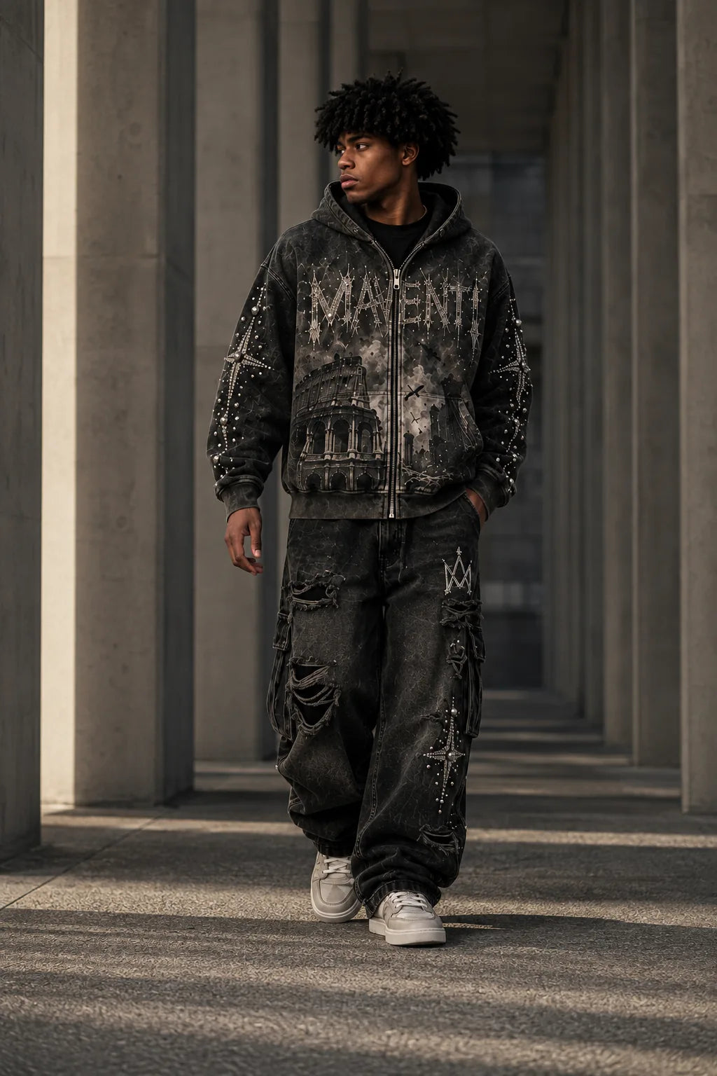 AI campaign concept: full-body view of the Ruins - Colosseum outfit walking through a sunlit concrete colonnade.