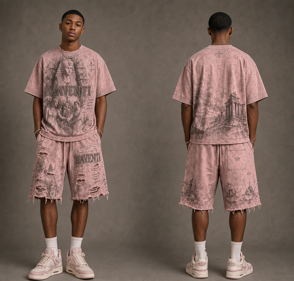 Ruins - Luxor, front and back: washed-pink graphic tee and baggy distressed shorts.