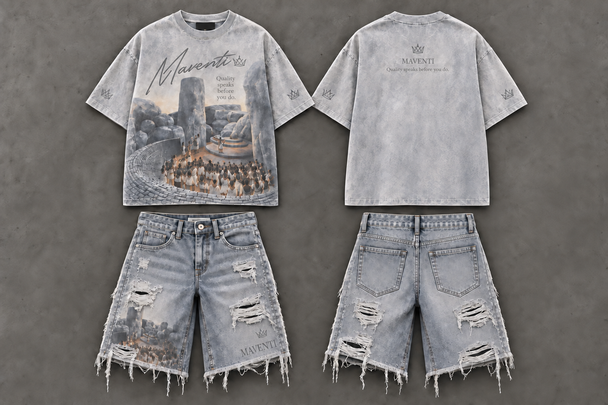 Front and back of the Great Zimbabwe graphic tee and distressed denim shorts, with subtle crowns and plain back pockets.