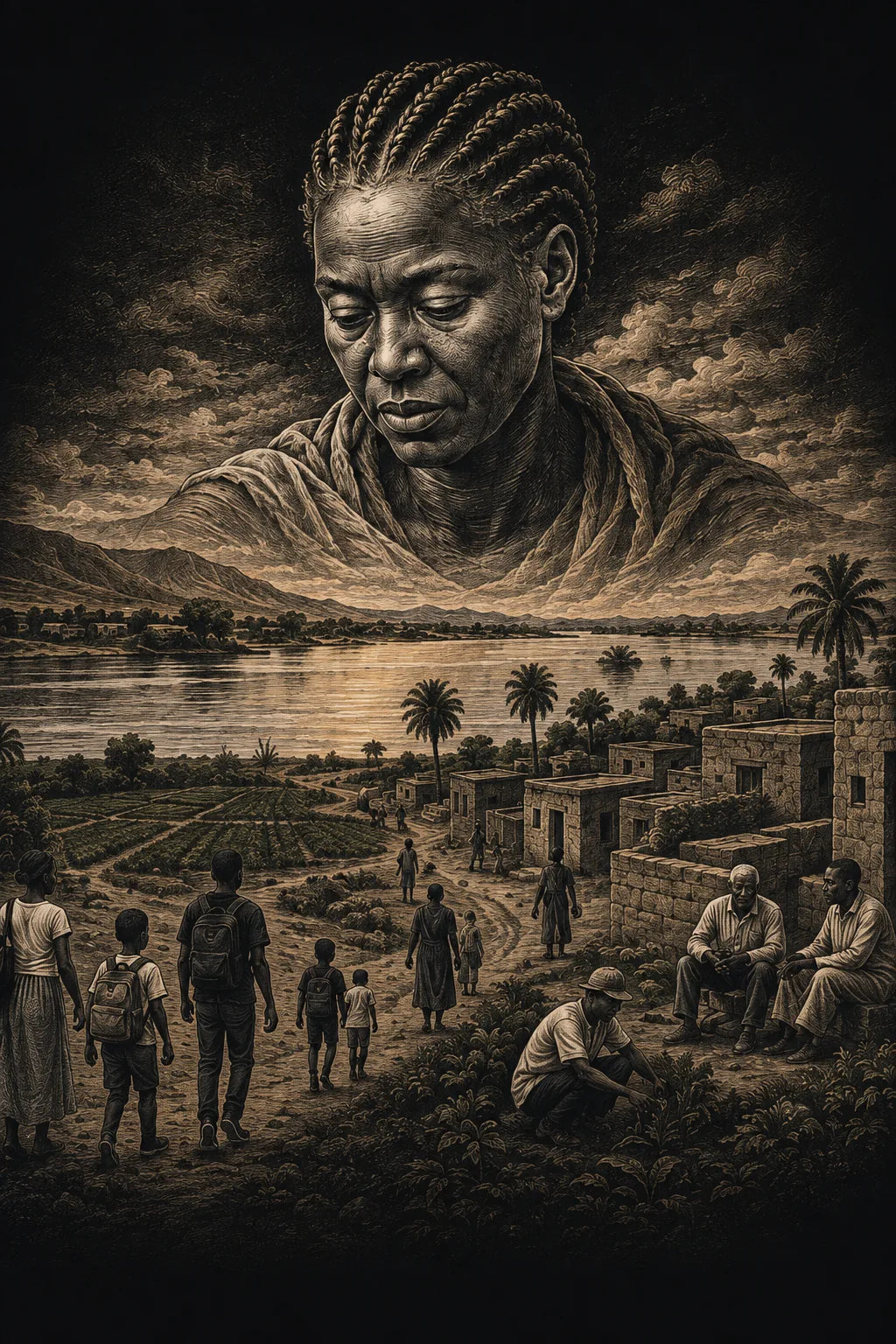 An artistic interpretation of Queen Amanirenas watching over a contemporary community in Kush · Nile Valley · Sudan