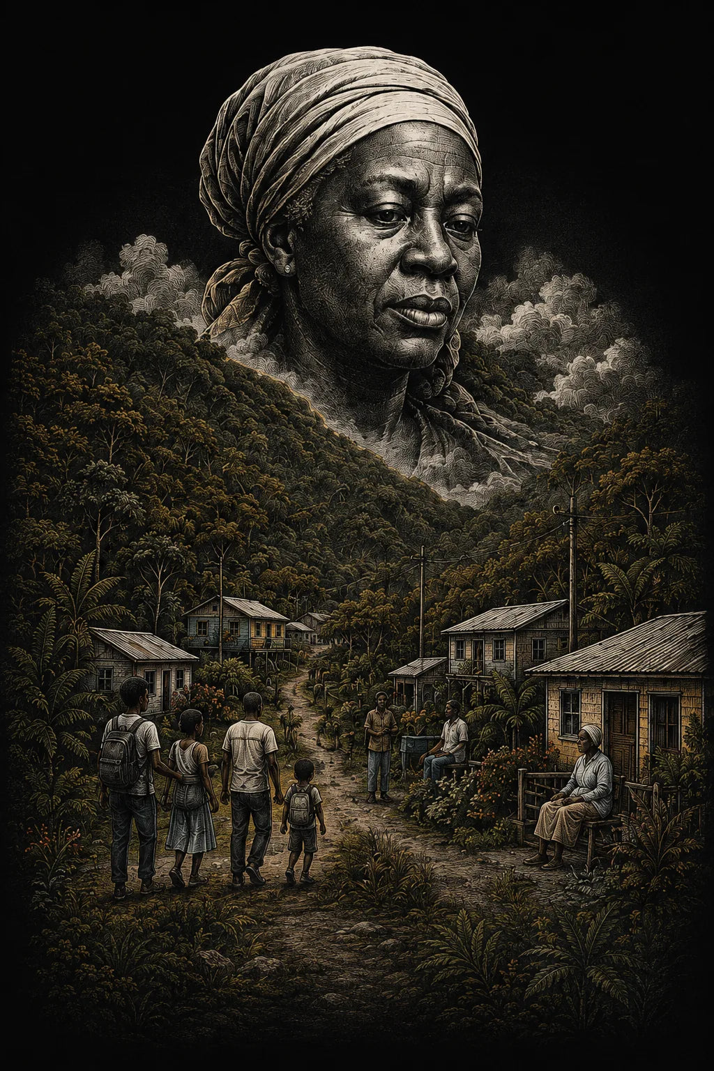 An artistic interpretation of Queen Nanny watching over a contemporary community in Windward Maroons · Jamaica
