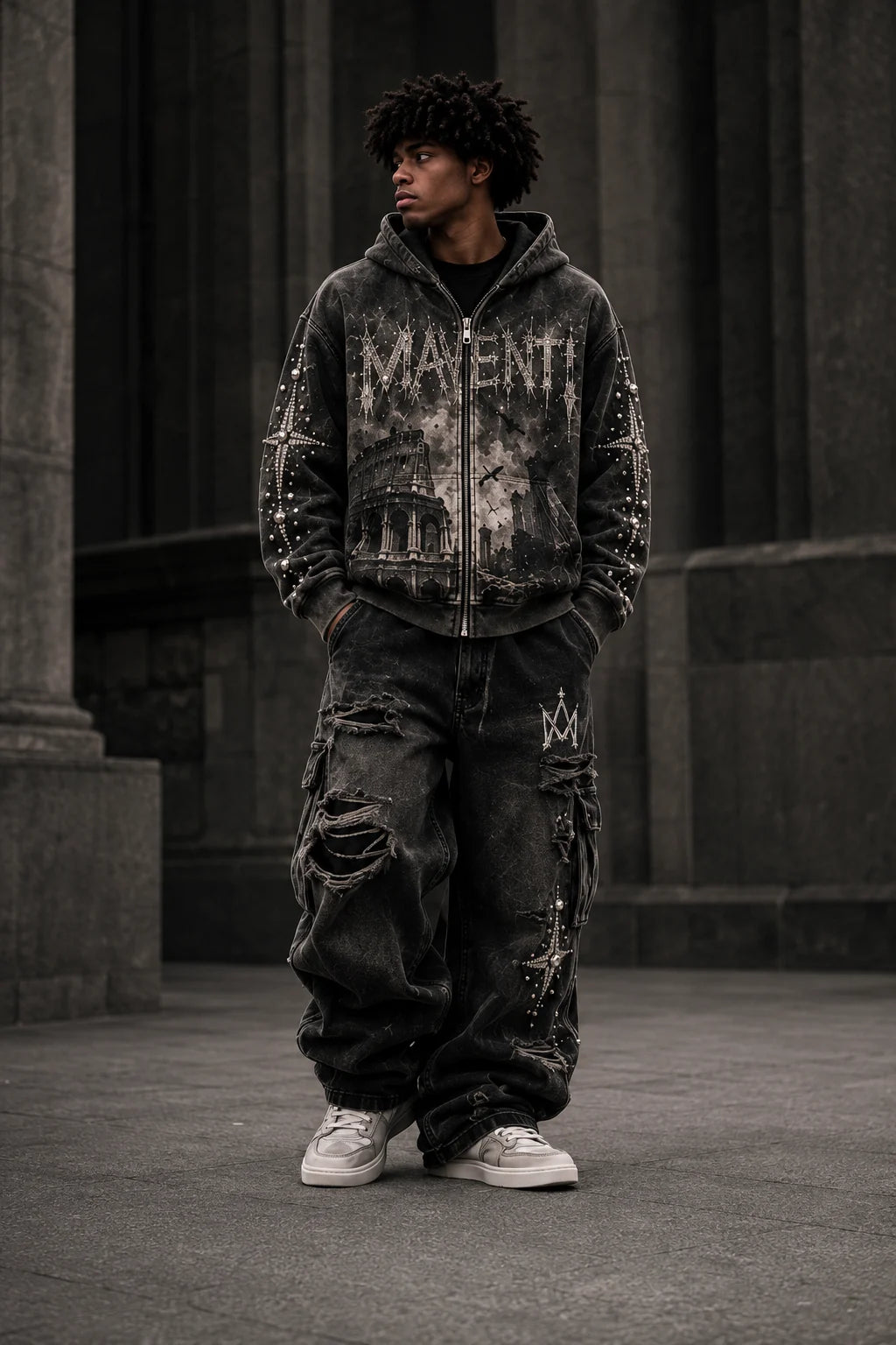 Ruins - Colosseum design preview: a distressed zip hoodie and baggy cargo sweatpants in washed dark tones.