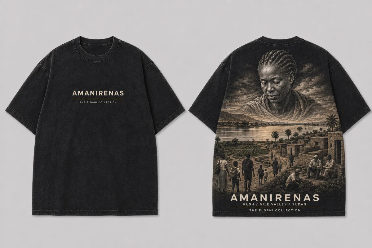 Amanirenas concept tee, front and back: a restrained name on the front and an imagined protective portrait above the Nile, cultivated banks and a community on the back.