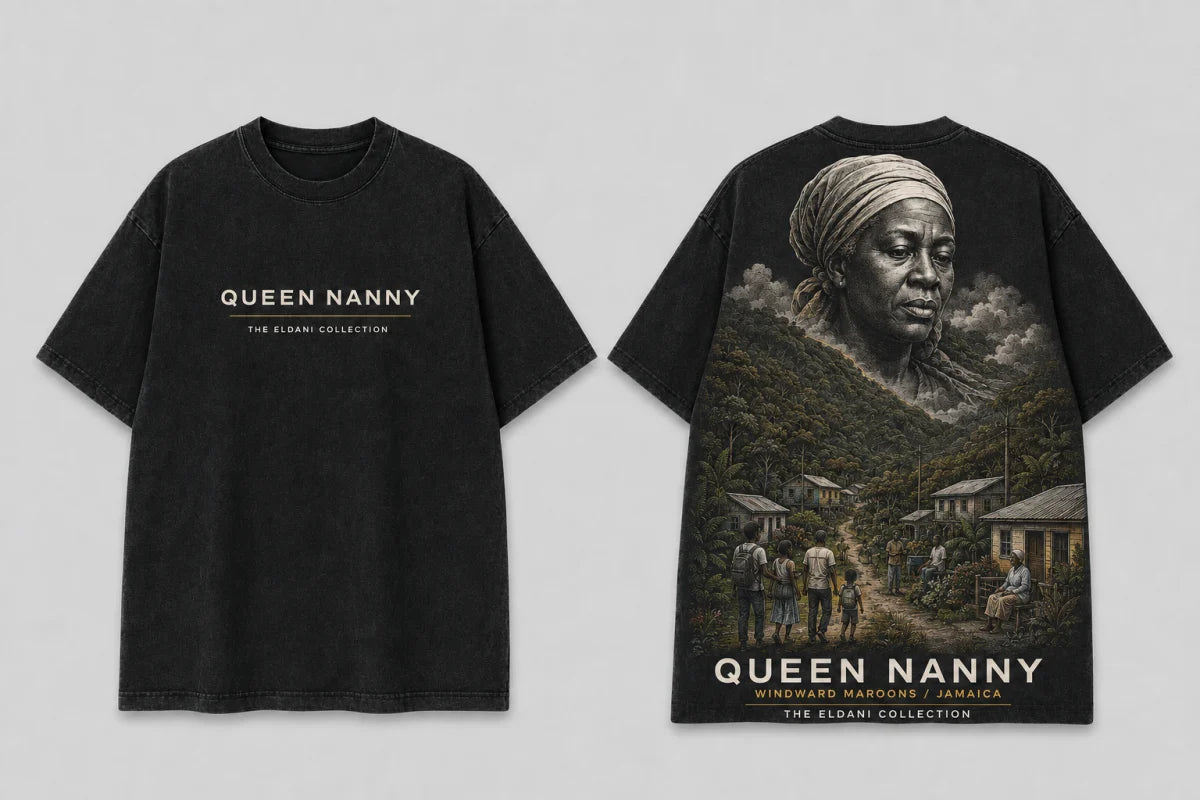 Queen Nanny concept tee, front and back: a restrained name on the front and an imagined protective portrait above eastern Jamaican forest ridges and a community on the back.