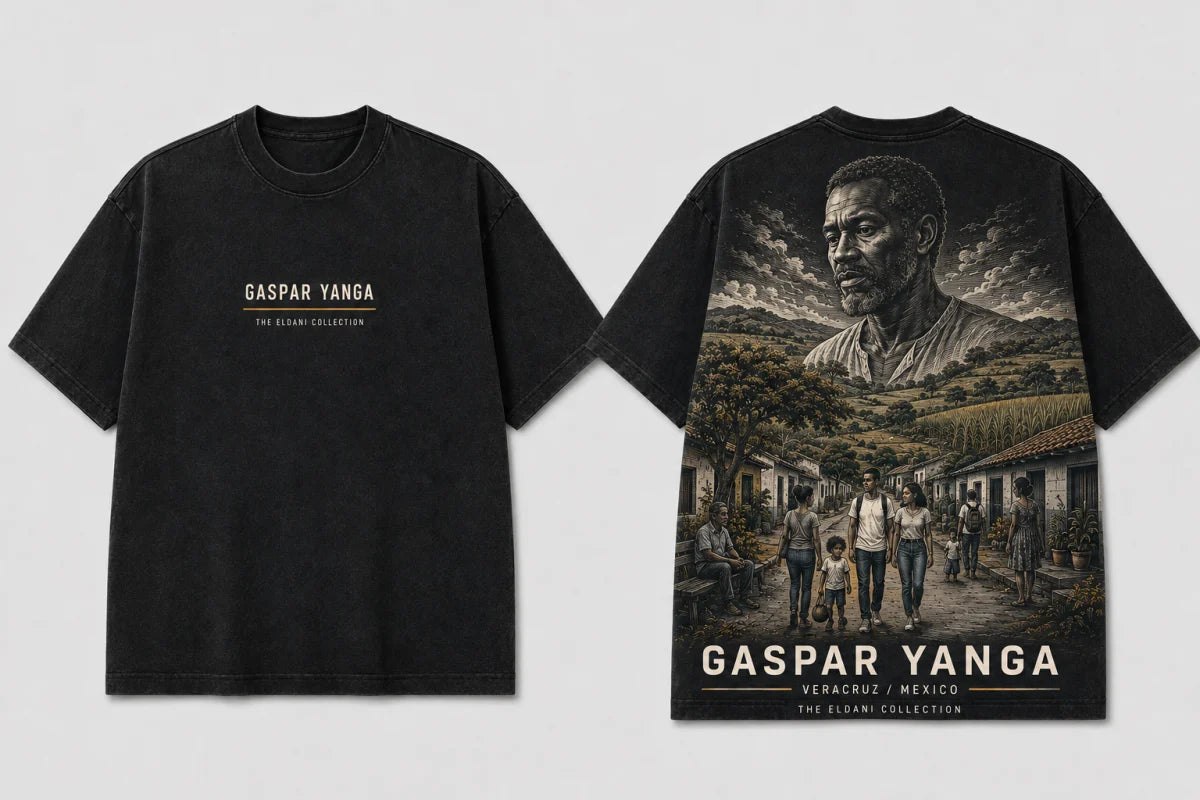 Gaspar Yanga concept tee, front and back: a restrained name on the front and an imagined protective portrait above Veracruz farmland and a neighborhood on the back.