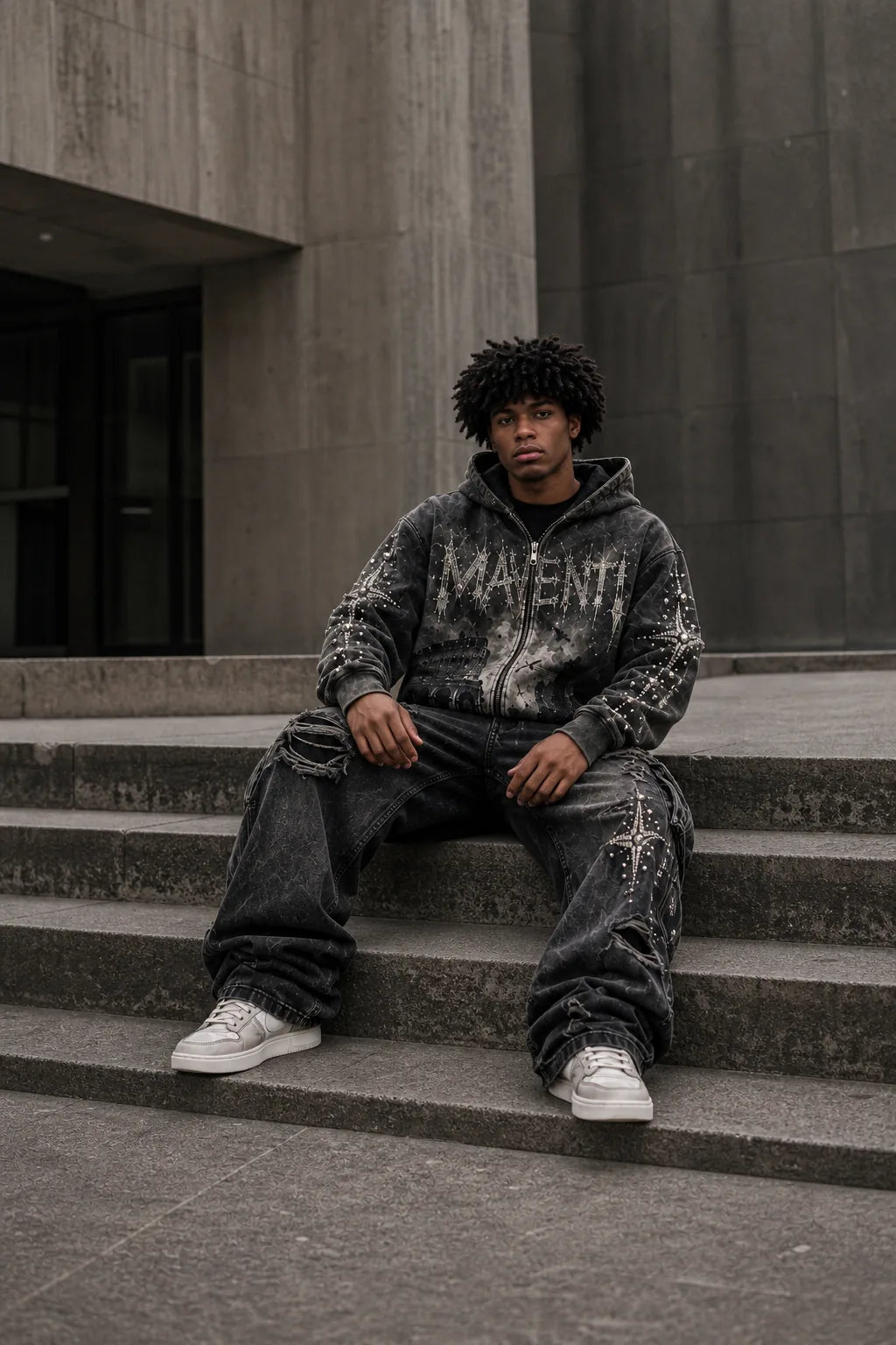 AI campaign concept: the complete Ruins - Colosseum zip hoodie and baggy charcoal cargo sweatpants, seated on concrete steps with both shoes visible.