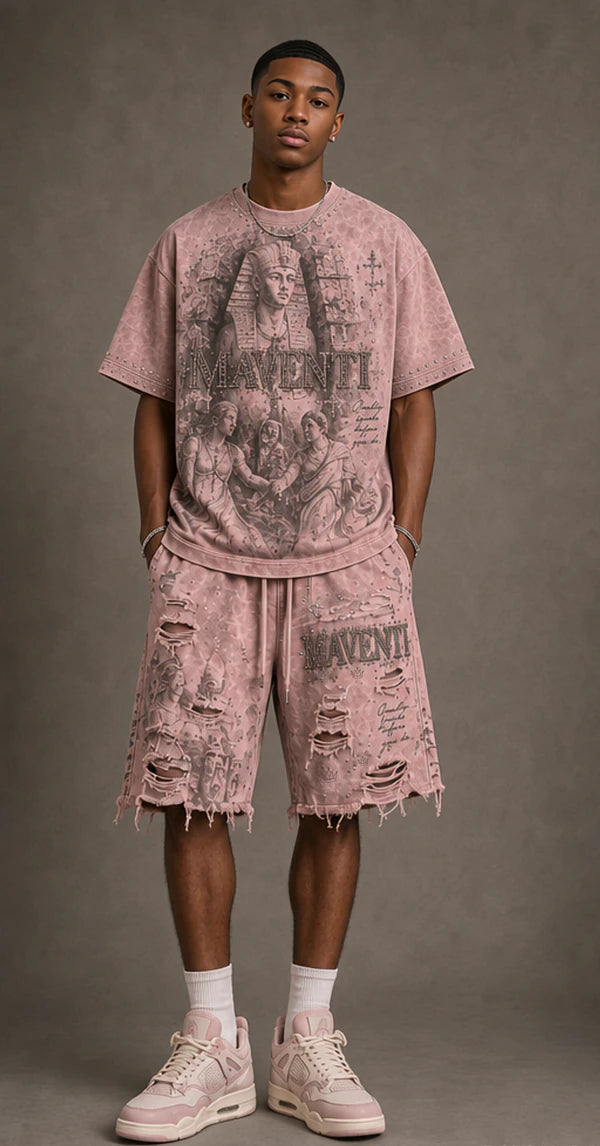 Ruins - Luxor — Winter 2027 concept: washed-pink graphic tee, distressed baggy shorts with original Maventi crowns and pink sneakers.